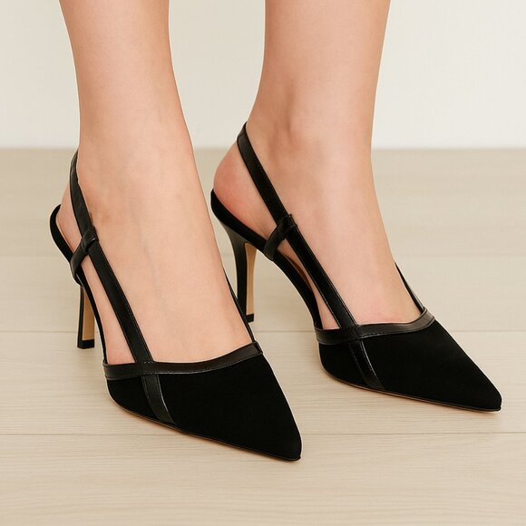 Manolo Blahnik Black Suede & Patent Slingback Heels Size 38.5 (New Heel Taps) - Picture 1 of 7
